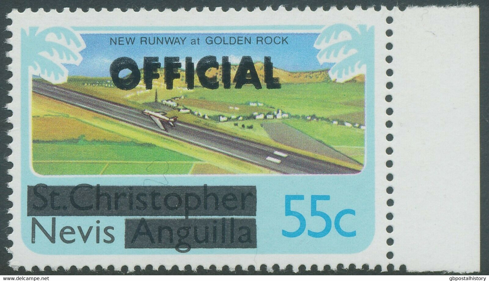 NEVIS 1980 55C New Runway Golden Rock W DOUBLE OVERPRINT "OFFICIAL" U/M VARIETY - San Cristóbal Y Nieves - Anguilla (...-1980)