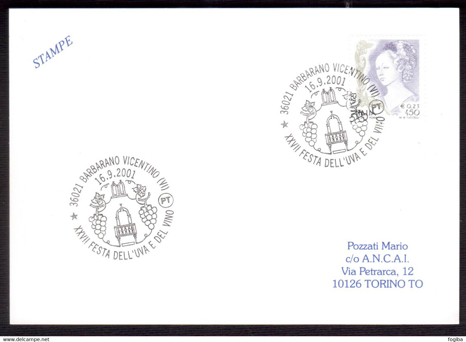 WQ8      XXVII Festa Dell'uva E Del Vino - Barbarano Vicentino, Wine Special Postmark Italy 2001 - Vins & Alcools