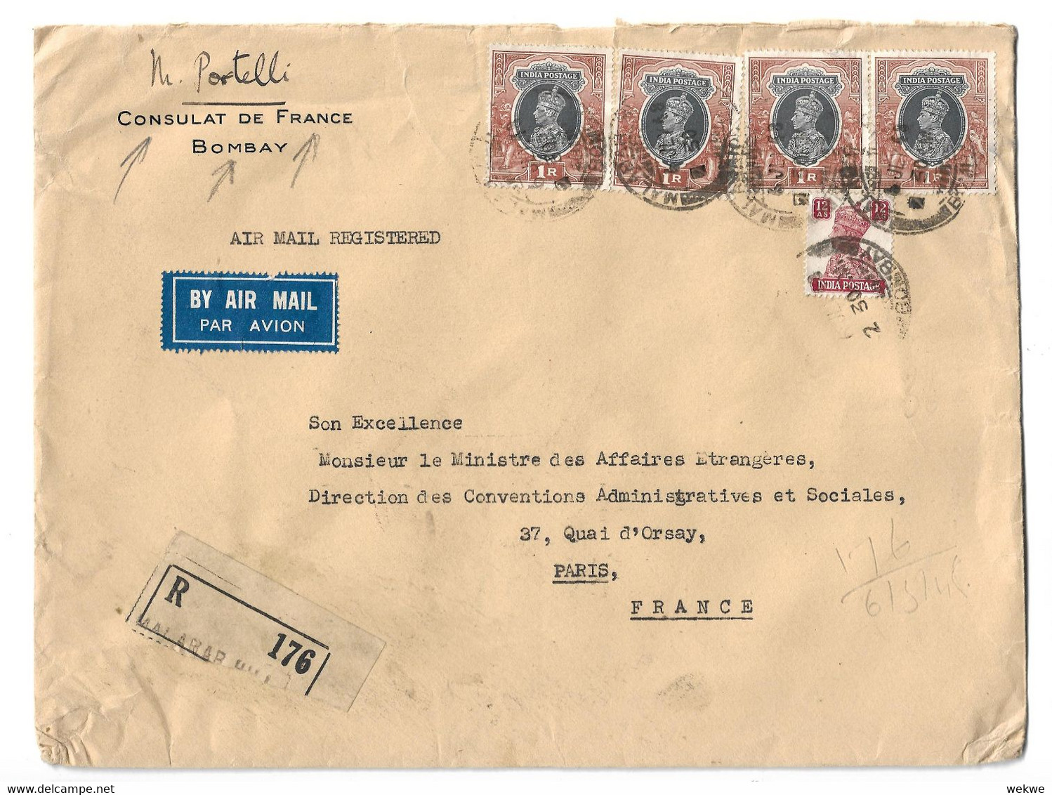 INDIEN (Union) 001 / Diplomatenpost Der Franz. Botschaft. Bombay Nach Paris 1948, Einschreiben - Cartas & Documentos