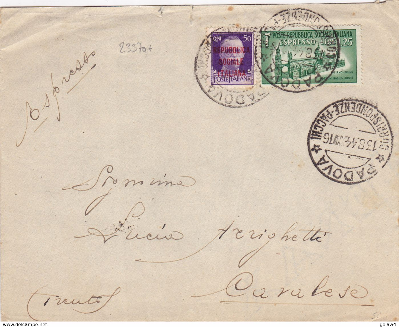 23370# ITALIE REPUBBLICA SOCIALE ITALIANA LETTRE ESPRESSO Obl PADOVA 1944 Pour CAVALESE TRENTO TRENTE - Exprespost