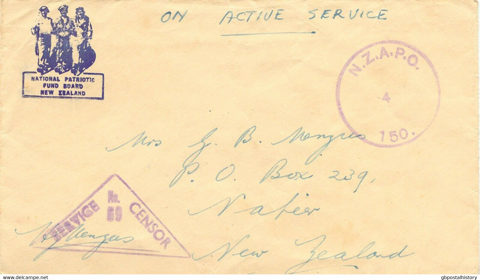 NEW ZEALAND "N.Z.A.P.O. 4 150." Viol. CDS + Triangle SERVICE No. 69 CENSOR WWII - Covers & Documents