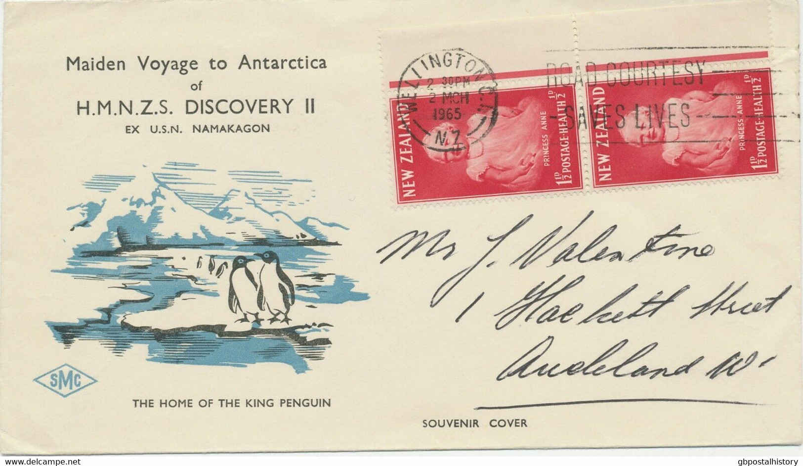 NEW ZEALAND 1965 Princess Anne 1 1/2+1/2d (2x) Rare Multiple Postage On Maiden Voyage To Antarctica H.M.N.Z.S. DISCOVERY - Storia Postale