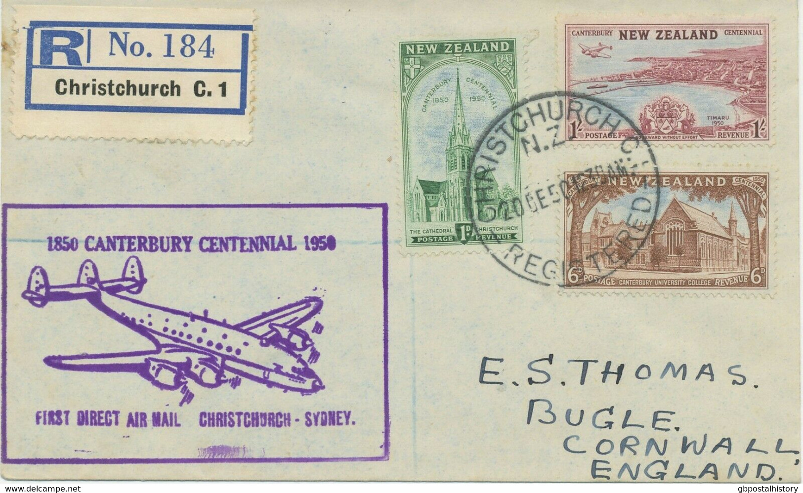 NEW ZEALAND 1950 Rare Very Fine Registered First Flight "CHRISTCHURCH - SYDNEY" - Airmail