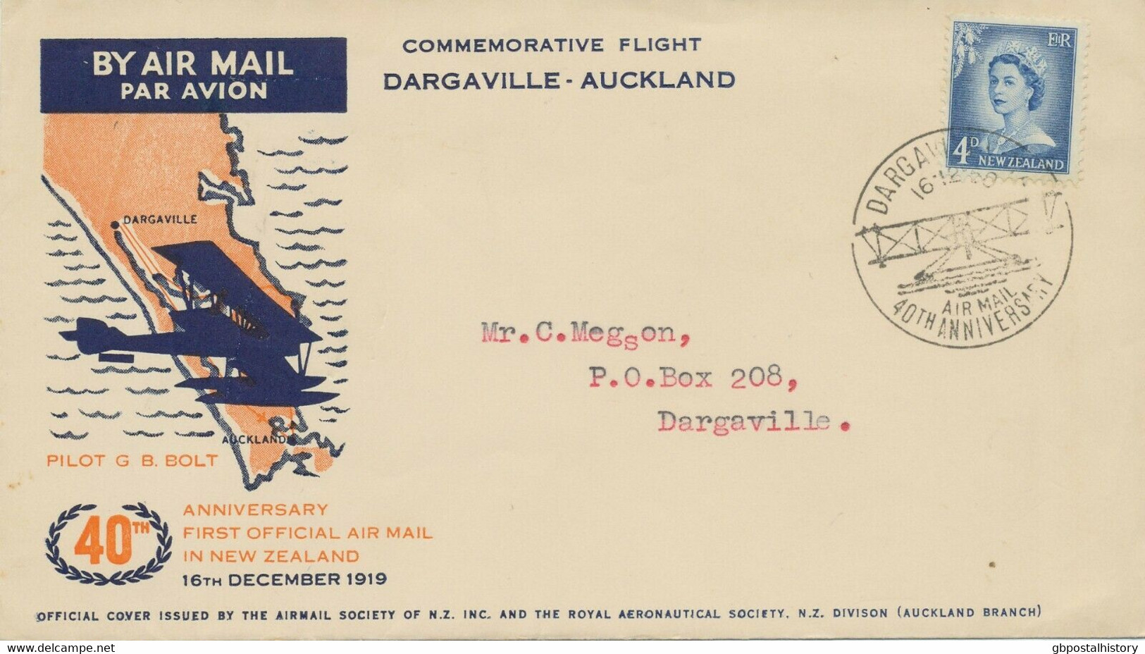 NEW ZEALAND 1959 Rare Special Flight "DARGAVILLE - AUCKLAND - DARGAVILLE" - Poste Aérienne