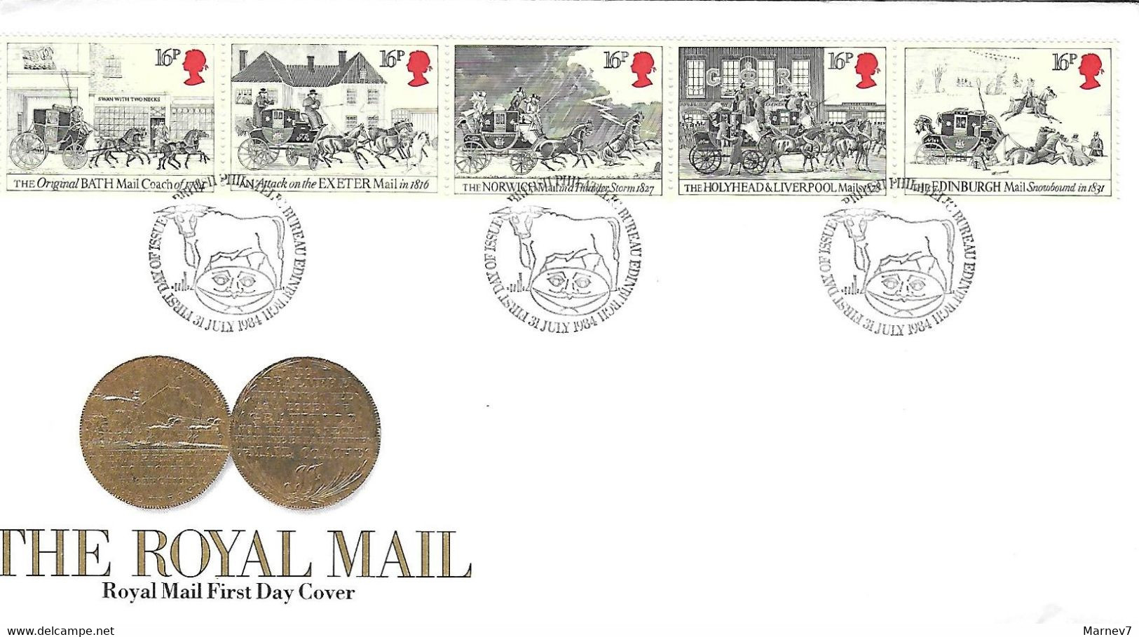 Grande Bretagne - Yvert 1135 à 1139 - Royal Mail- Malle Poste - Diligence - Enveloppe 1er Jour 31 07 1984 - - Briefe U. Dokumente