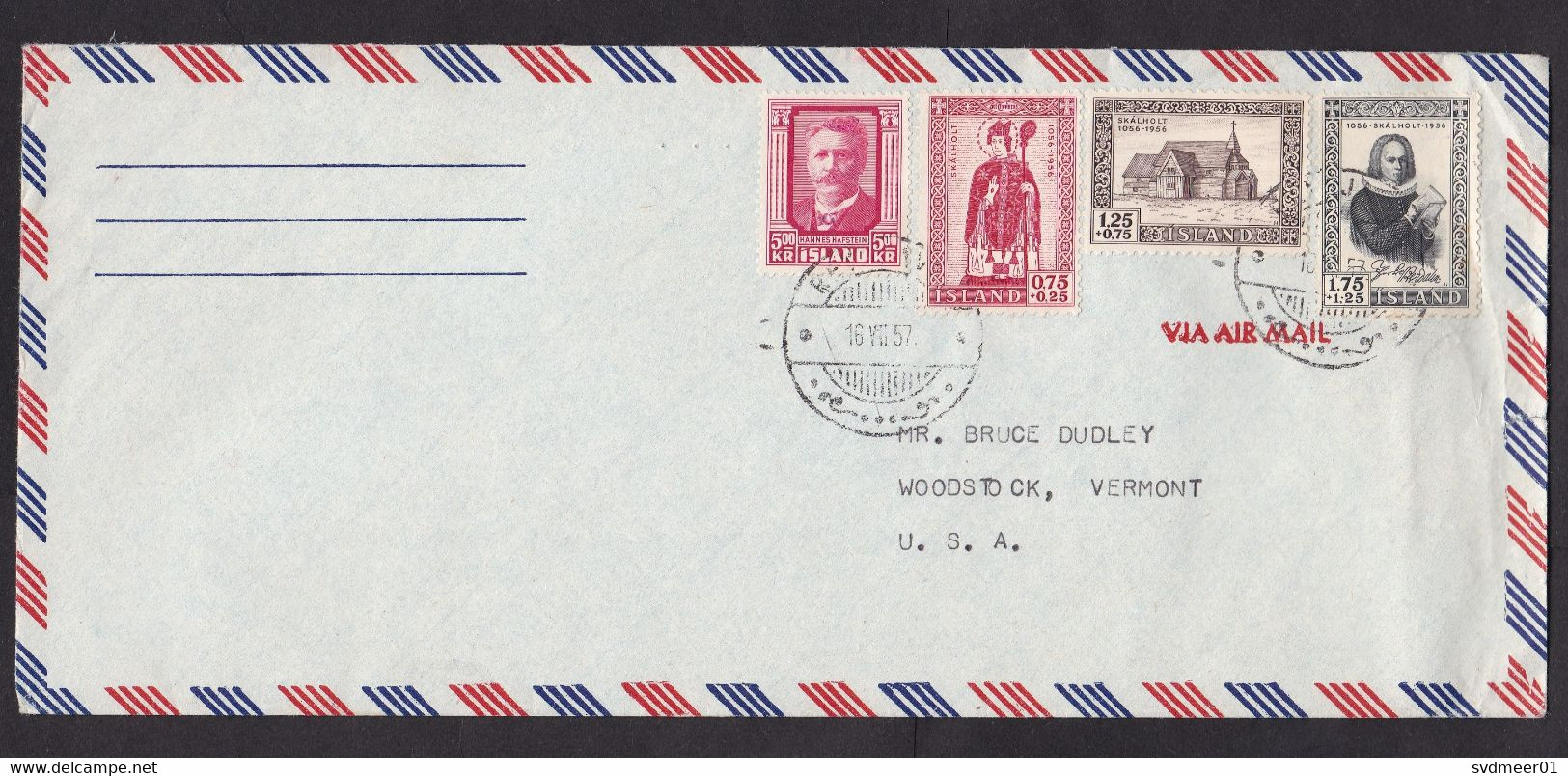 Iceland: Airmail Cover To USA, 1957, 4 Stamps, Skalholt, Church, History, Religion, Hafstein, Poet (minor Damage) - Storia Postale