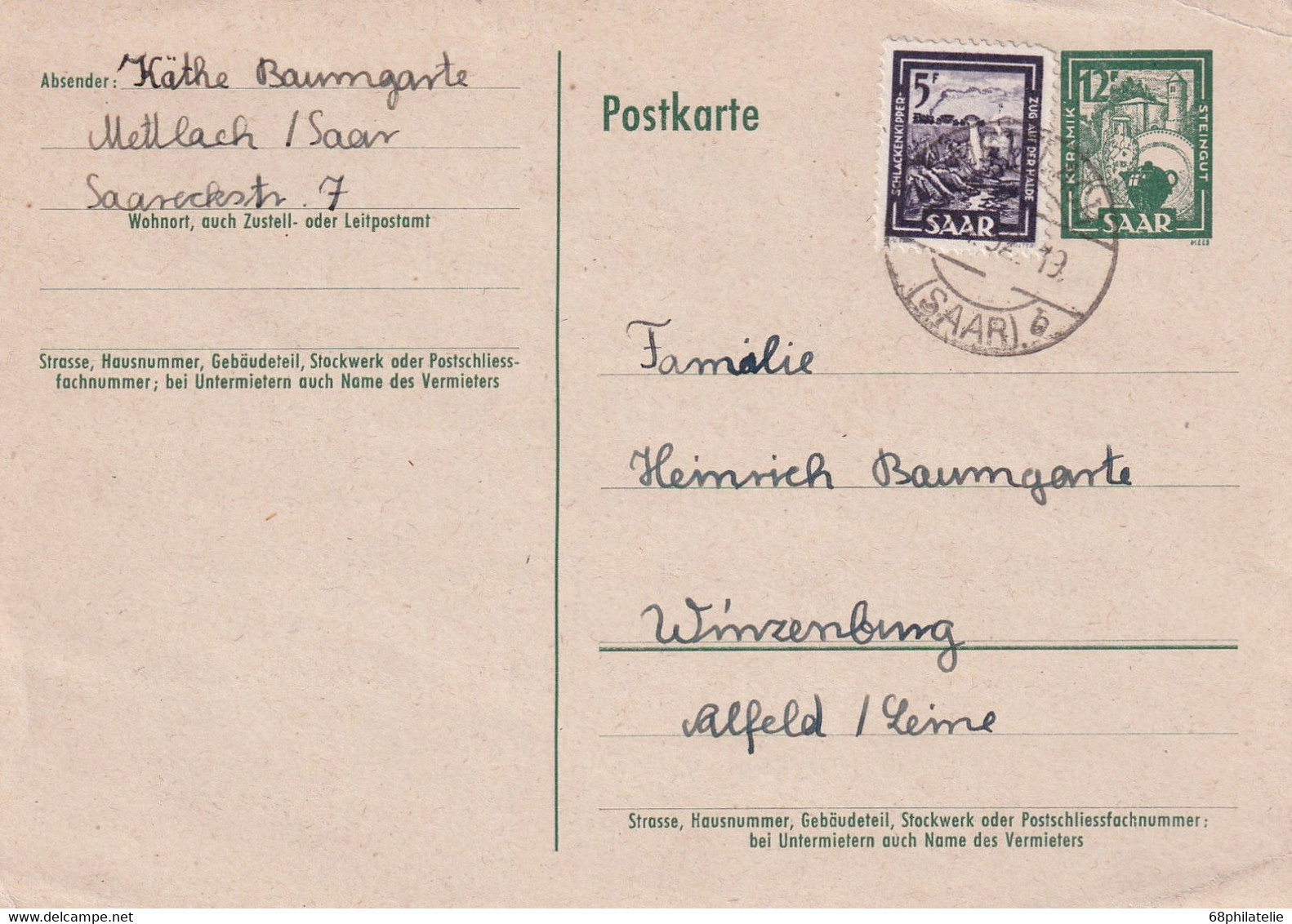 SAAR 1952  ENTIER POSTAL/GANZSACHE/POSTAL STATIONARY CARTE DE METTLACH - Postal Stationery