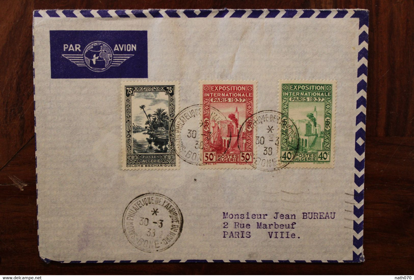 Algérie 1937 FRANCE Bone Exposition Internationale Afrique Nord Par Avion Cover Air Mail Colonie Salon Philatélique - Luftpost
