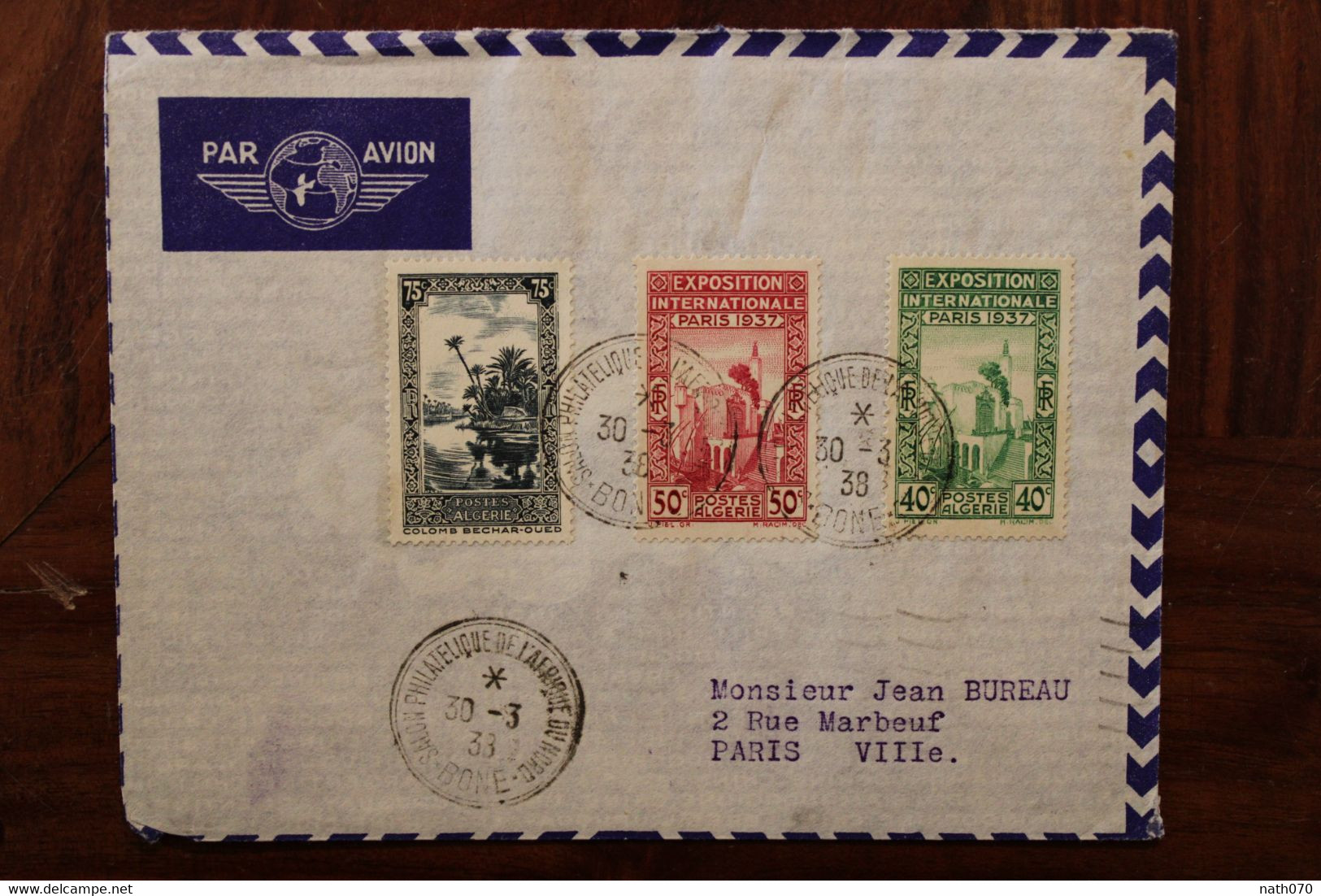 Algérie 1937 FRANCE Bone Exposition Internationale Afrique Nord Par Avion Cover Air Mail Colonie Salon Philatélique - Airmail