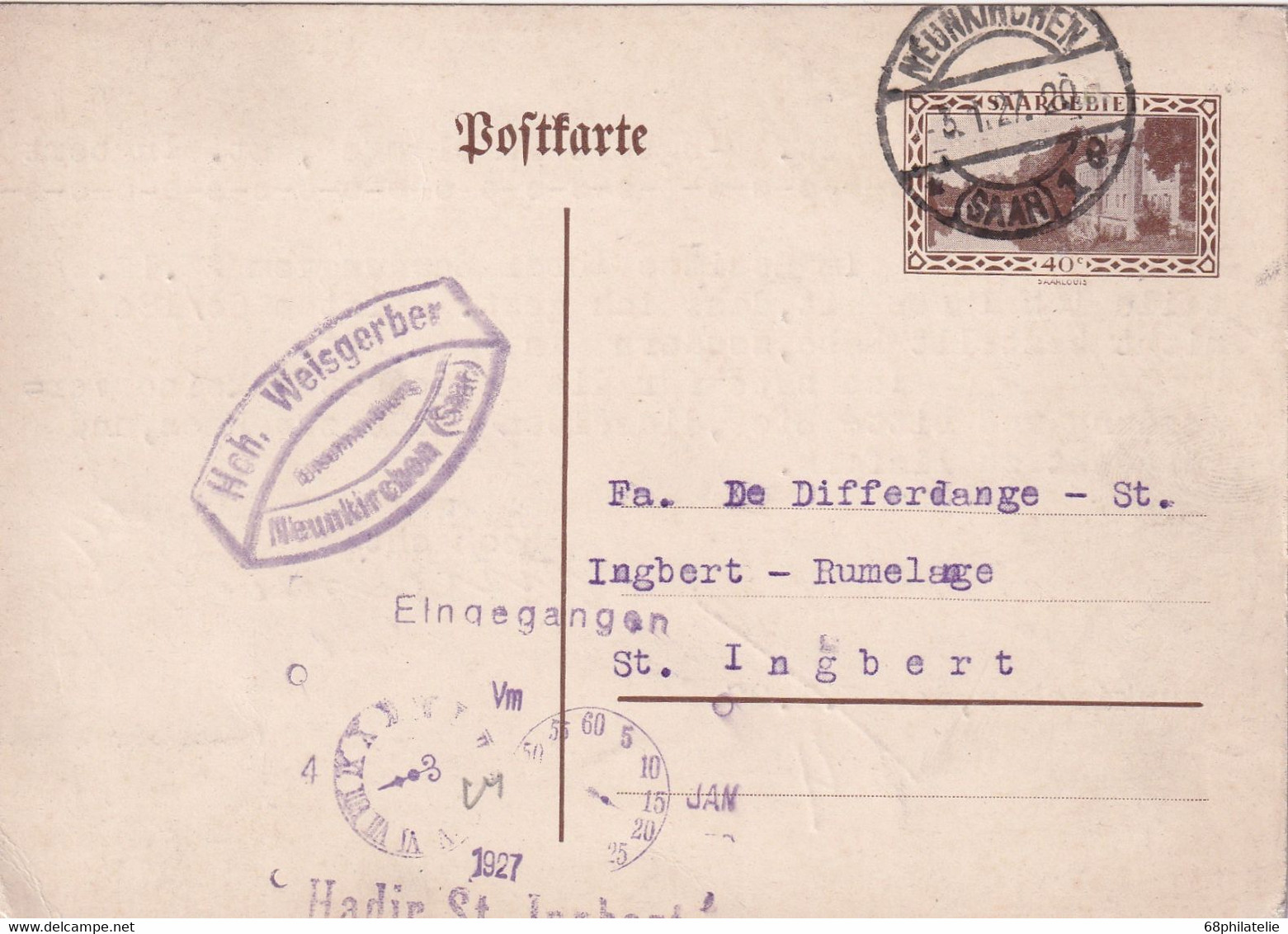 SAAR  1927 ENTIER POSTAL/GANZSACHE/POSTAL STATIONARY CARTE DE NEUNKIRCHEN - Interi Postali