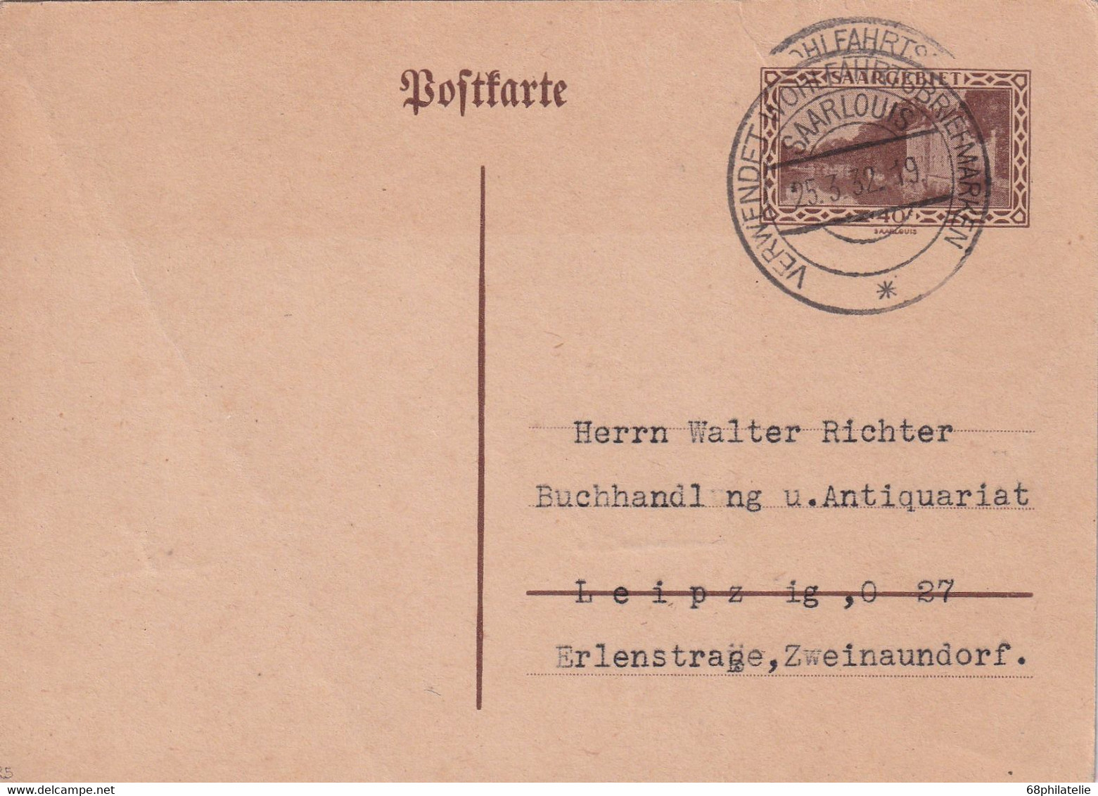 SAAR  1932   ENTIER POSTAL/GANZSACHE/POSTAL STATIONARY CARTE DE SAARLOUIS - Postal Stationery