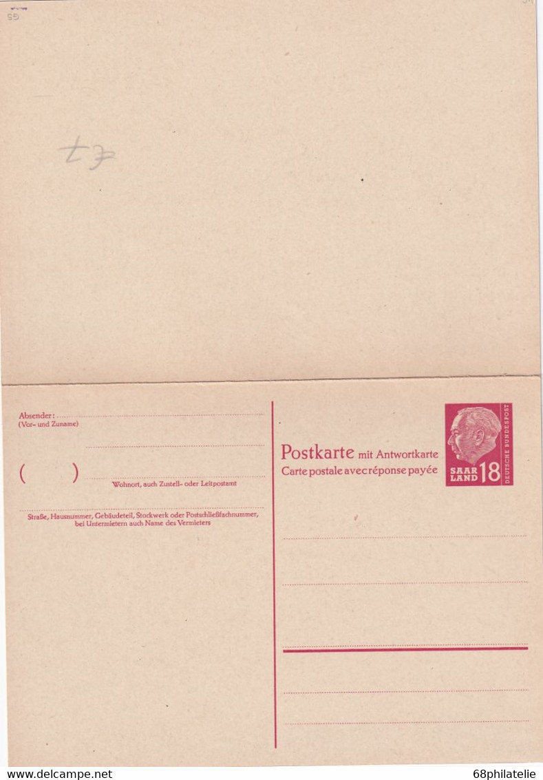 SAAR   ENTIER POSTAL/GANZSACHE/POSTAL STATIONARY CARTE AVEC REPONSE - Postwaardestukken