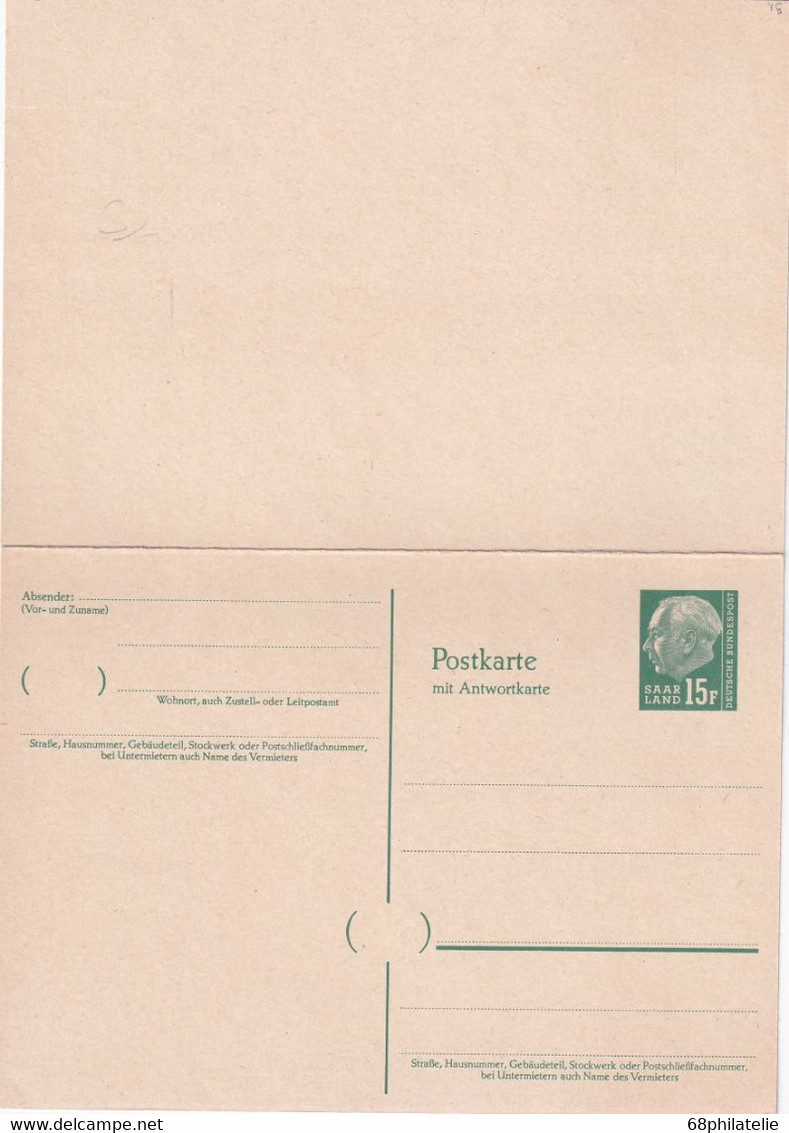 SAAR   ENTIER POSTAL/GANZSACHE/POSTAL STATIONARY CARTE AVEC REPONSE - Postal Stationery