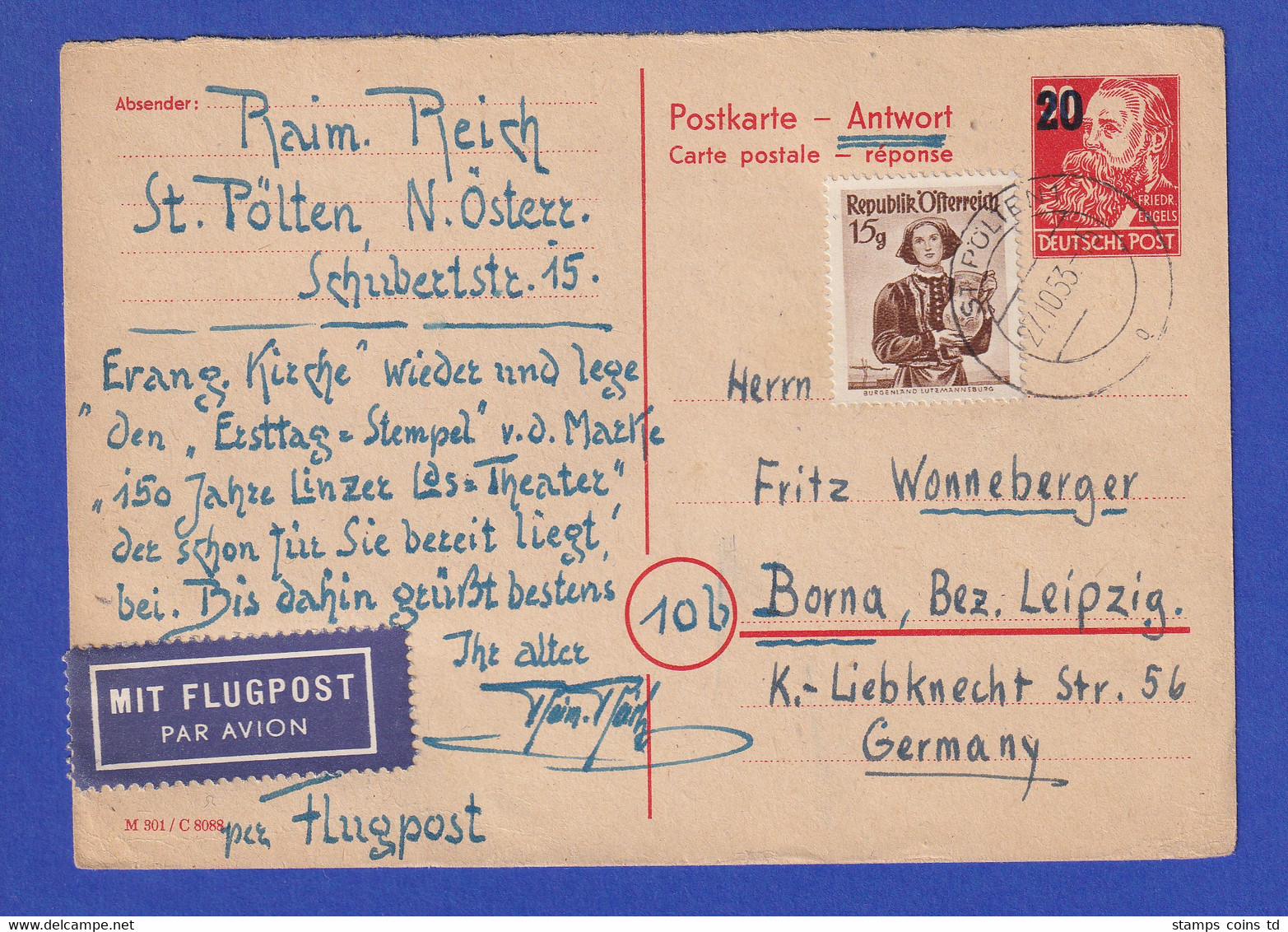 DDR 1953 Antwort-GA P43A Mit ZF Per Luftpost Gel. Von St.Pölten Nach Borna - Andere & Zonder Classificatie