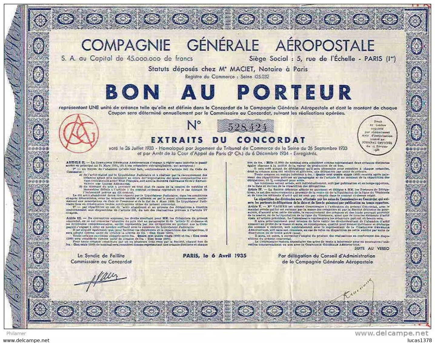 COMPAGNIE GENERALE AEROPOSTALE /  BON AU PORTEUR 1933 - Aviation