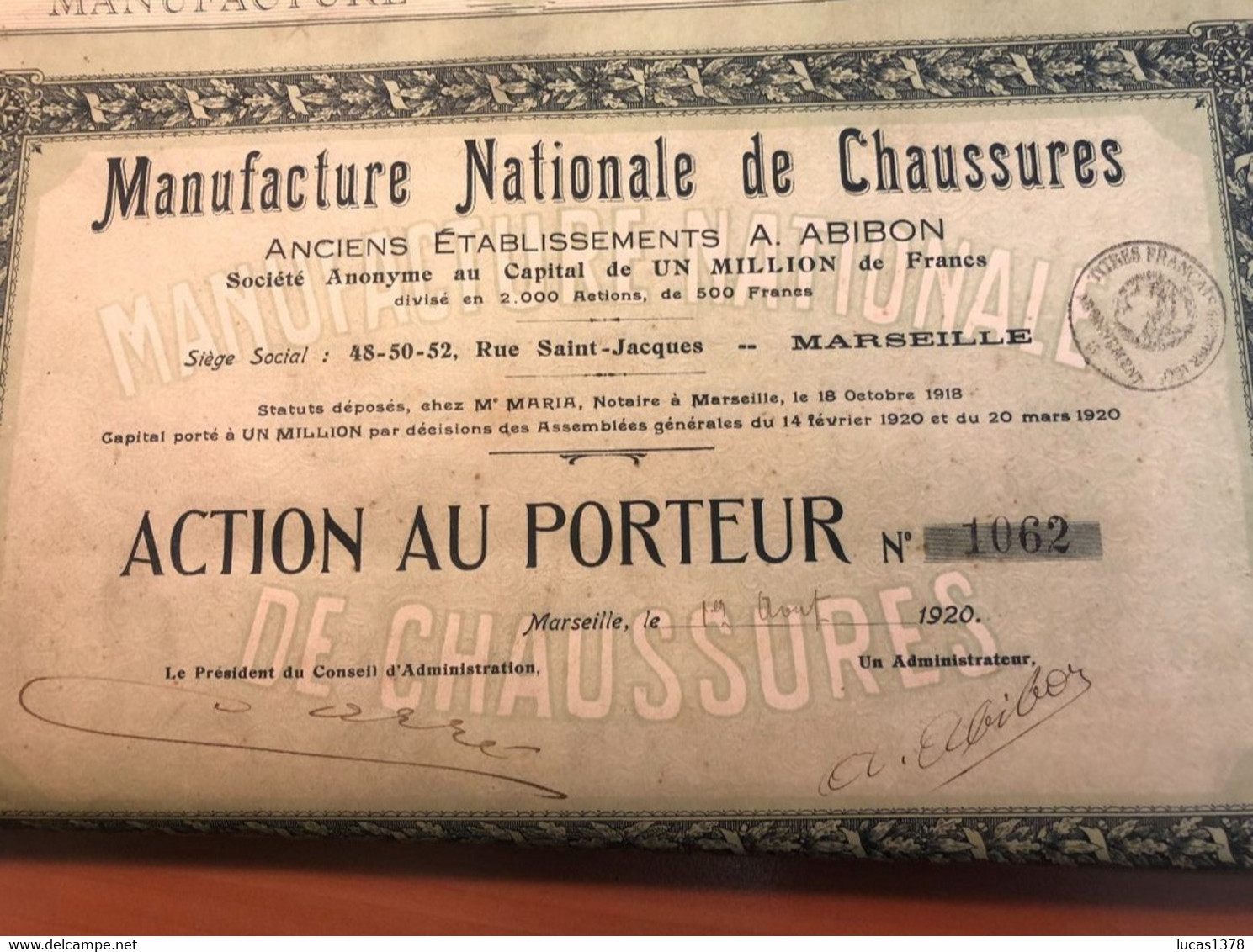 MARSEILLE / 1920 / ACTION AU PORTEUR /   MANUFACTURE NATIONALE DE CHAUSSURES - Agricultura