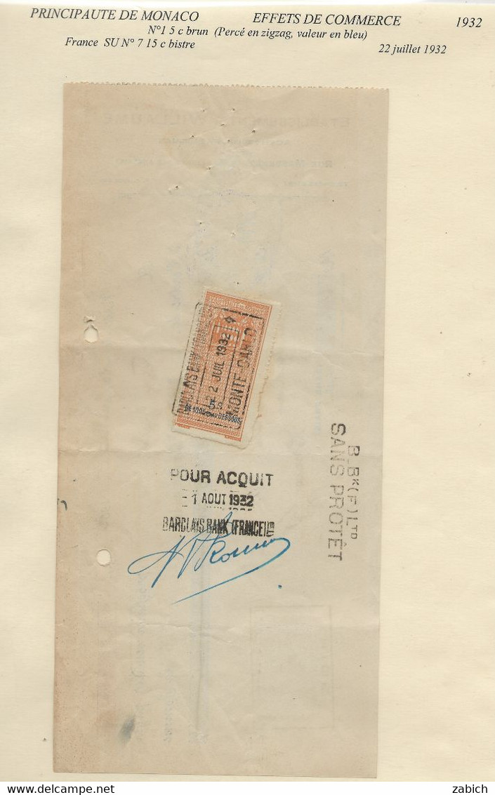 FISCAUX DE MONACO EFFET DE COMMERCE N°2  10C BRUN Percé En ZIG ZAG 1923 - Fiscaux