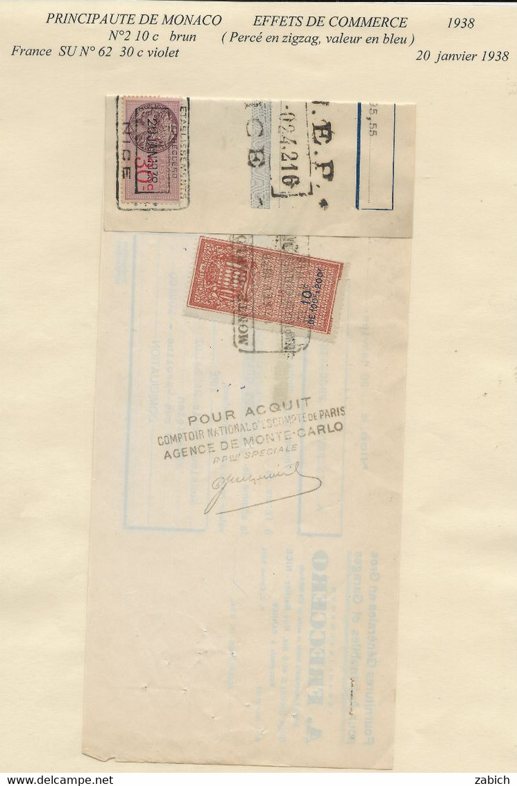 FISCAUX DE MONACO EFFET DE COMMERCE N°2  10C BRUN Percé En ZIG ZAG 1938 - Revenue