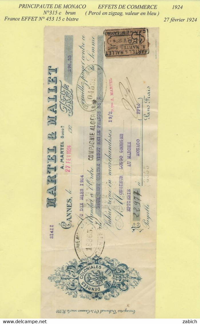 FISCAUX DE MONACO EFFET DE COMMERCE N°3  15C BRUN Percé En ZIG ZAG 1924 - Revenue