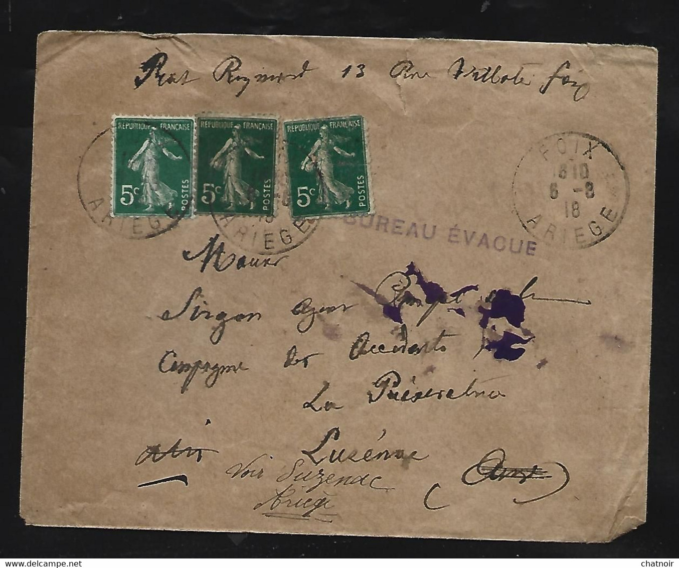 Enveloppe Avec  5c Semeuse X 3  Oblit  FOIX  ARIEGE   1918 + Griffe " Bureau Evacue " - 1914-18