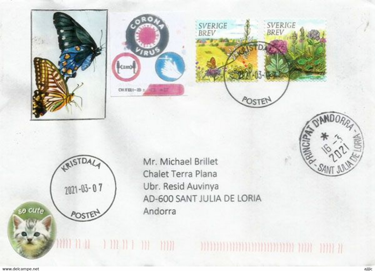 La Nature Précieuse, Lettre Adressée Andorra, Avec Vignette Locale Prevention Coronavirus + Timbre à Date Arrivée - Storia Postale