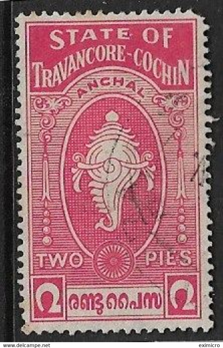 INDIA - TRAVANCORE - COCHIN 1950 2p SG 12 FINE USED Cat £4.75 - Travancore-Cochin