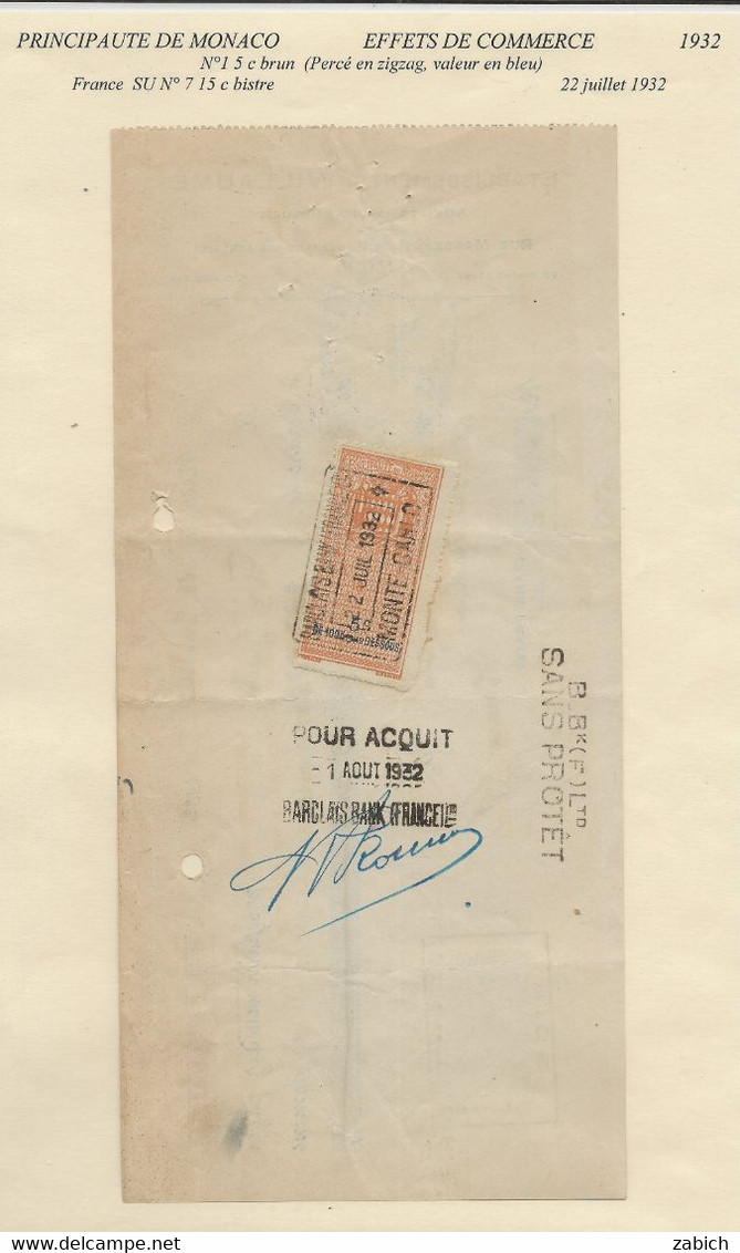 FISCAUX DE MONACO EFFET DE COMMERCE N°1 5 C BRUN Percé En ZIG ZAG 1932 - Fiscali