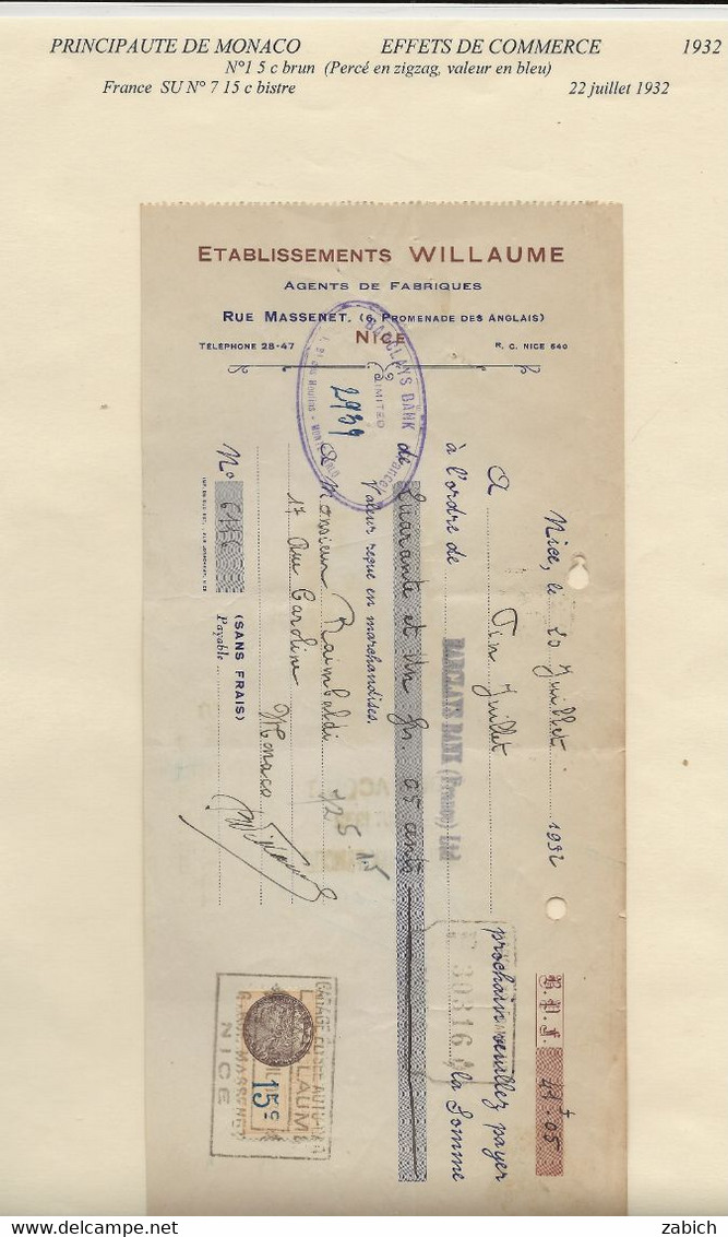 FISCAUX DE MONACO EFFET DE COMMERCE N°1 5 C BRUN Percé En ZIG ZAG 1932 - Fiscale Zegels