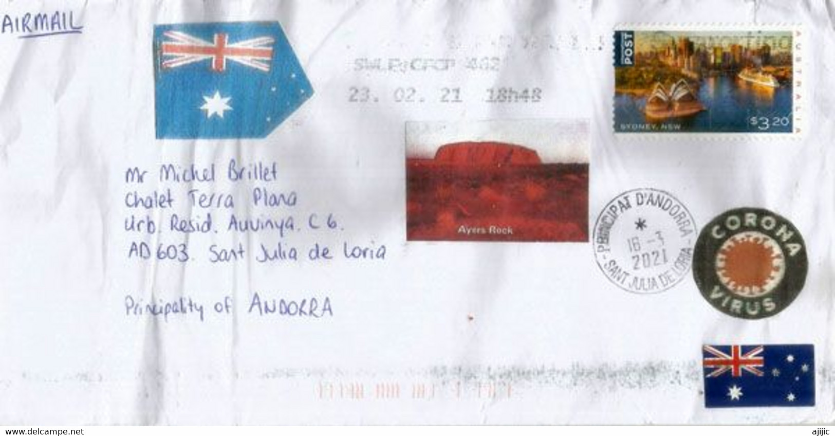 Letter From Canberra, Addressed To Andorra During Covid-19 Andorra Lockdown, With Date Of Arrival Postmark - Abarten Und Kuriositäten