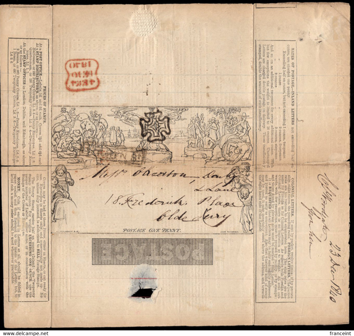 Used Mulready Envelope With Ad For Fire And Life Assurance. Torn Along Creases. - 1840 Mulready Envelopes & Lettersheets