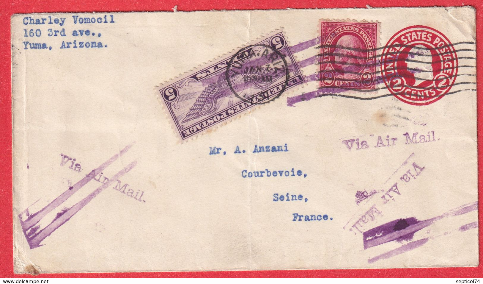 USA ETATS UNIS AMERIQUE ENTIER + TP YUMA ARIZONA 1931 COURBEVOIE SEINE FRANCE VIA AIR MAIL - Other & Unclassified