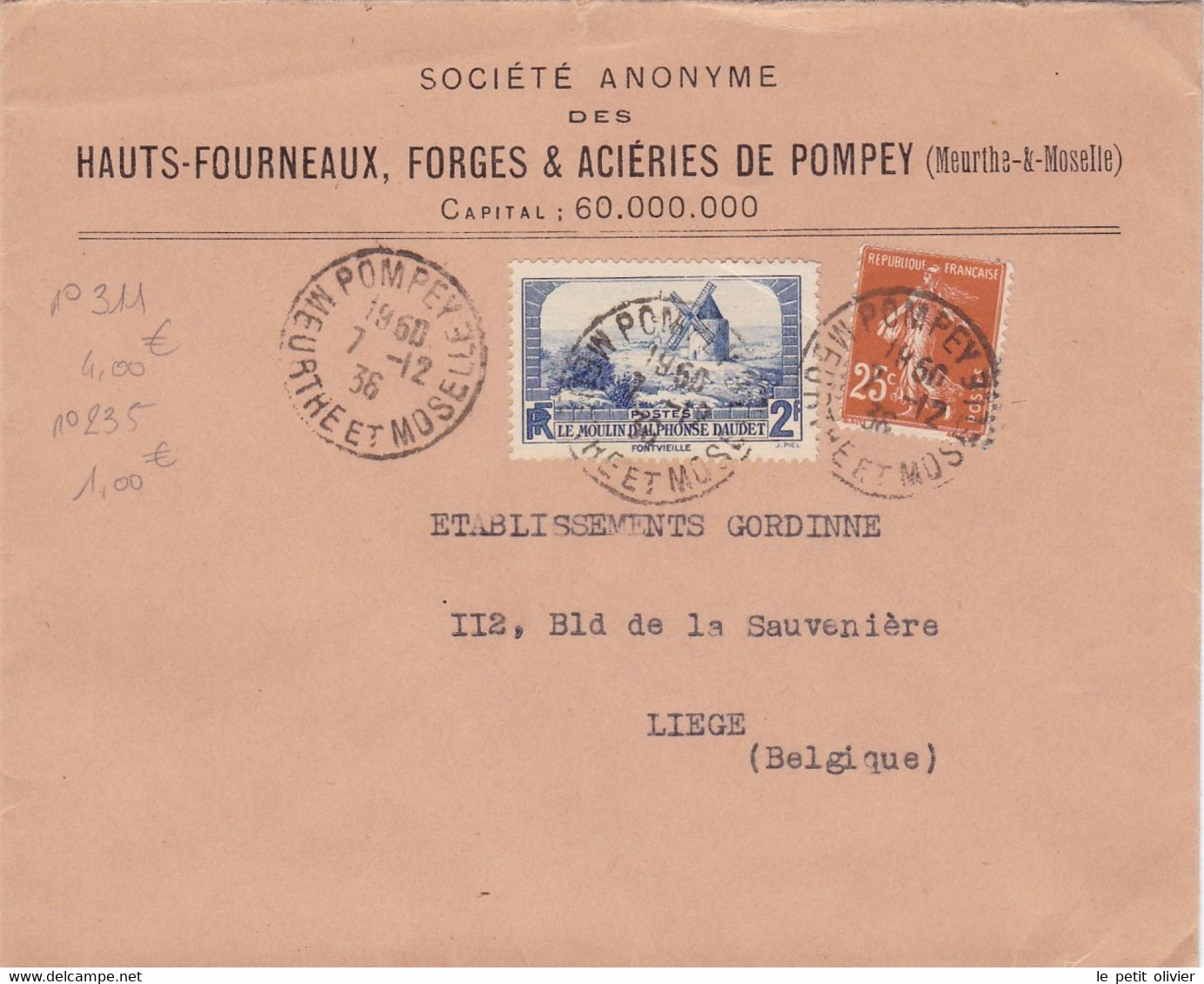 FRANCE LETTRE  AVEC TIMBRE 1936 / DAUDET ET SEMEUSE / N° 235 . 311 / COTE 5 EUROS - Brieven En Documenten