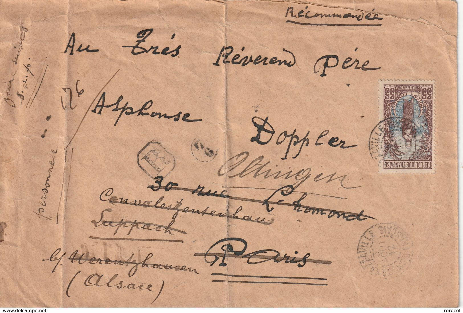 LETTRE RECOMMANDEE CONGO 31/08/1912 BRAZZAVILLE POUR PARIS Redirigée En ALSACE - Cartas & Documentos