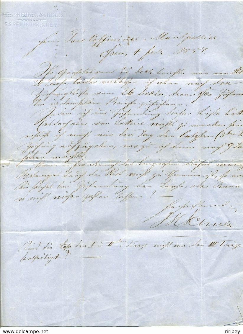 Lettre De ESSEN + Marque D'entrée PRUSSE 3 Par Valenciennes ( En Bleu) / RHUR - RHIN / 1857 - 1849-1876: Classic Period