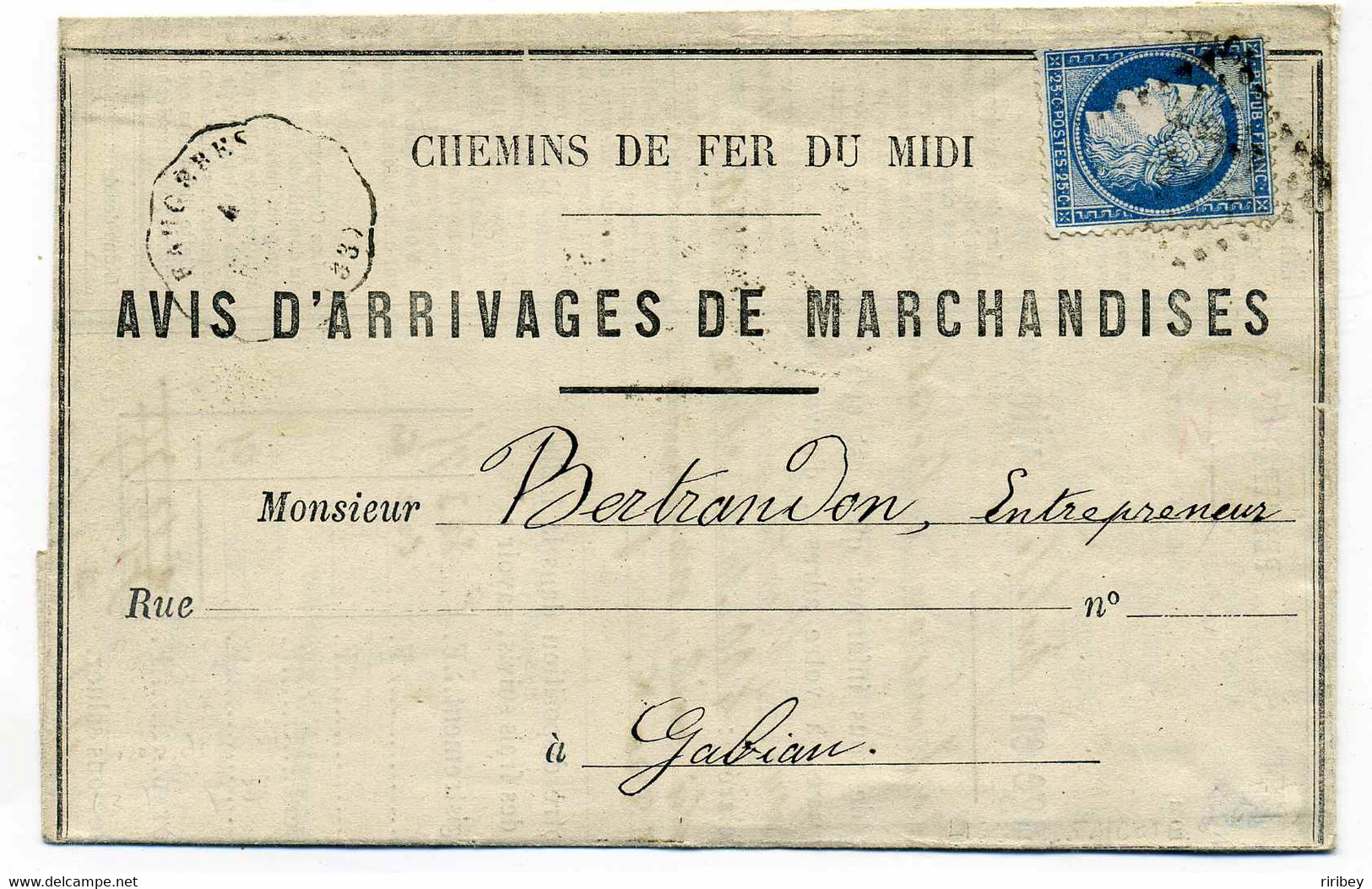 CHEMIN DE FER DU MIDI / Convoyeur Station FAUGERES Ligne N°95 Bedarieux à Beziers / Dept 33 Herault / 1875   Côte 340€ - 1849-1876: Classic Period