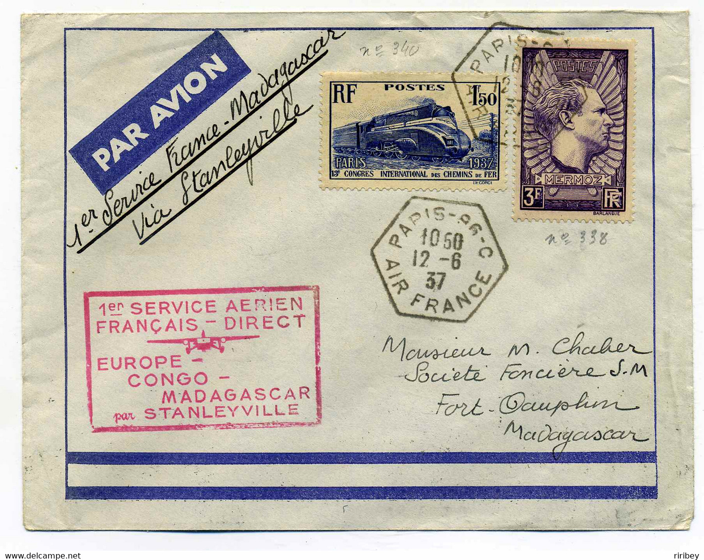 1er Service EUROPE-CONGO- MADAGASCAR / YT N°338 Mermoz + YT N°340 / PARIS 86 AIR FRANCE  / 1937 - 1960-.... Storia Postale