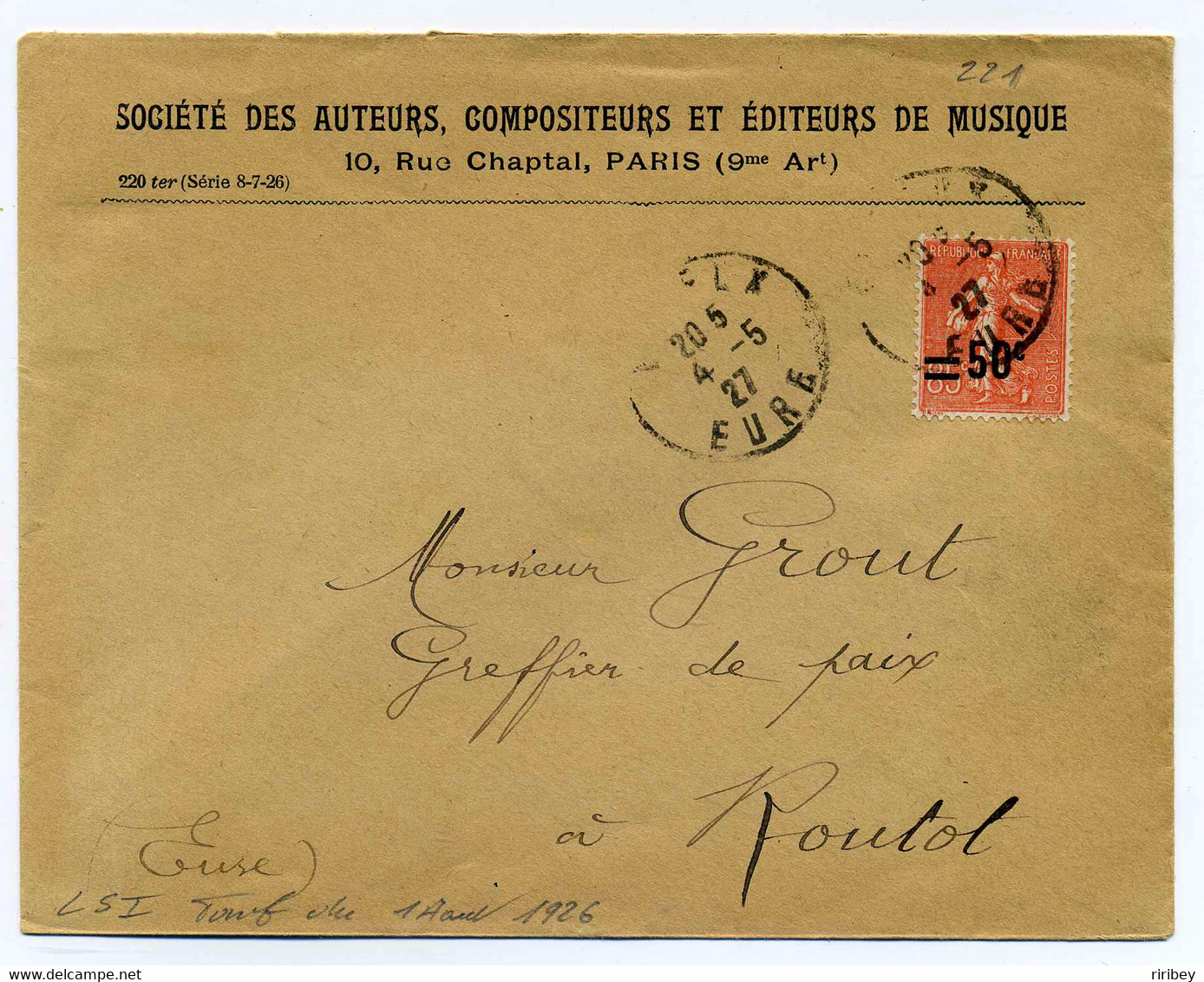 Lettre De La SACEM / YT N°221 Seul Sur Lettre / Tarif Du 1er Aout 1926 - 1921-1960: Modern Period