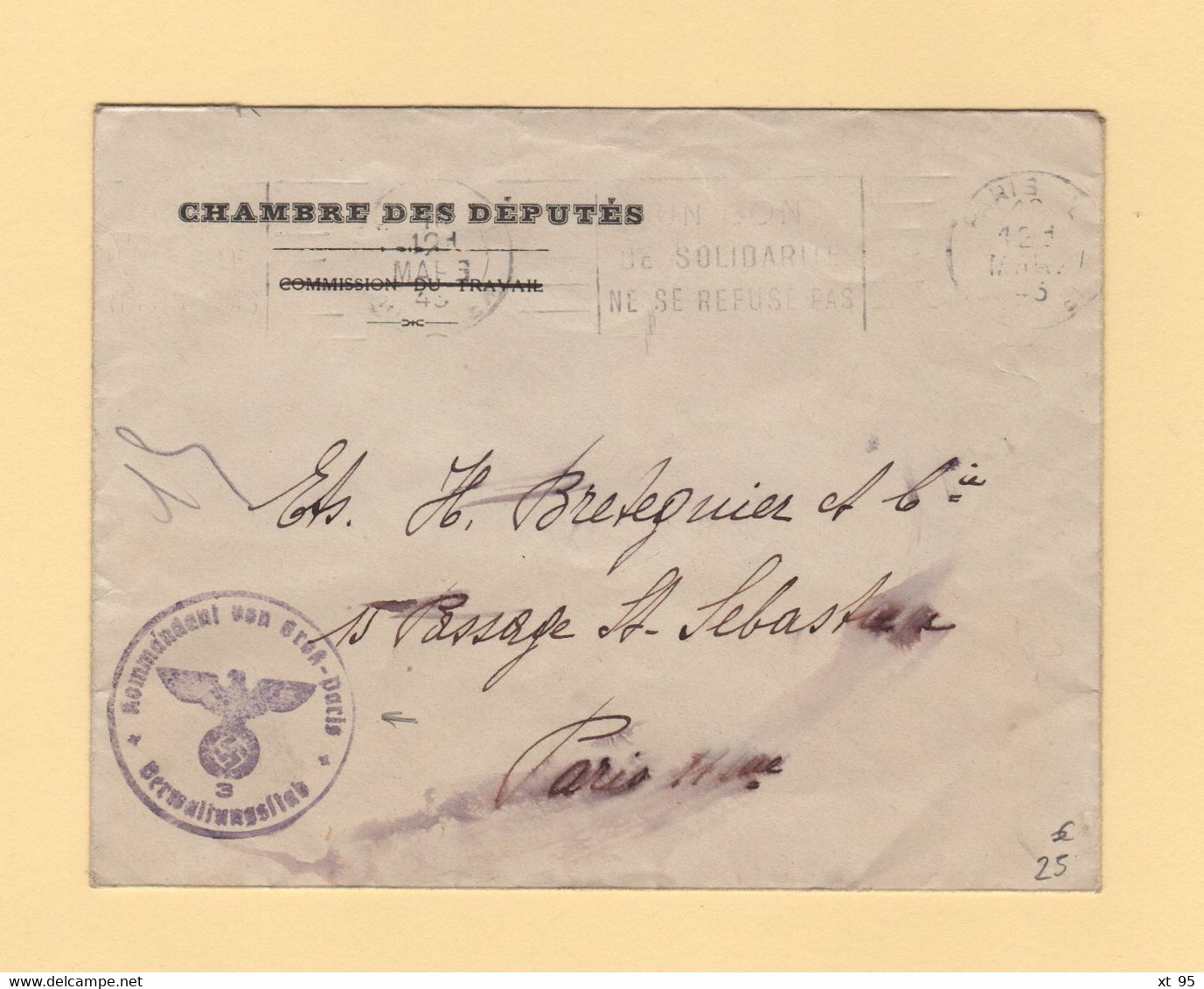 Occupation Allemande - Commandement De Paris - 1945 - Enveloppe De La Chambre Des Deputes - Oorlog 1939-45