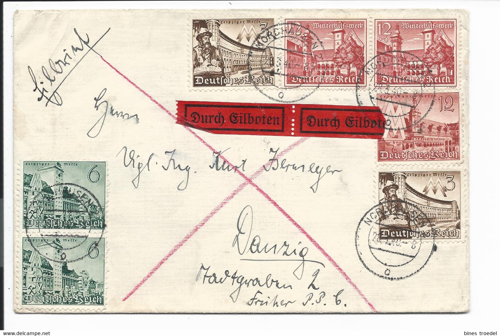 DR  739-41 MiF - 54 Pf WHW- Und Messeausgaben Auf Eilboten-Brief Von Nordhausen N. Danzig Verwendet - Covers & Documents