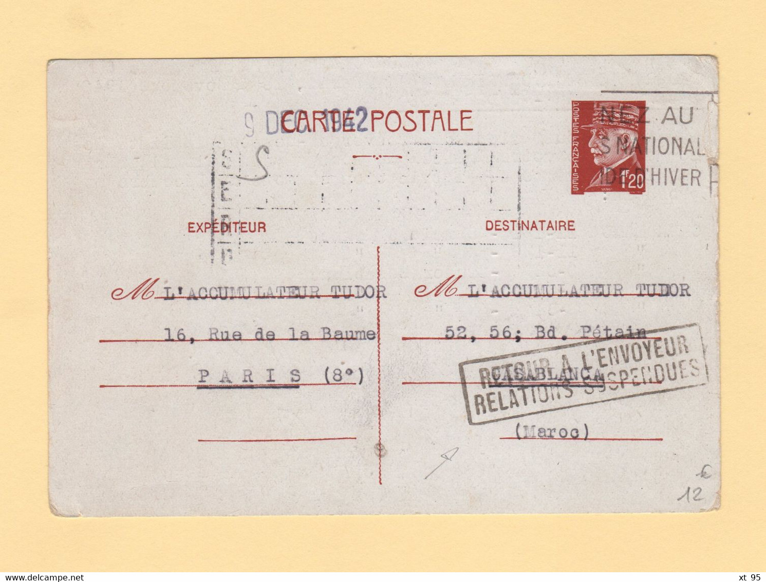 Relations Suspendues - Retour A L Envoyeur - 9 Dec 1942 - Paris Destination Maroc - Guerra Del 1939-45