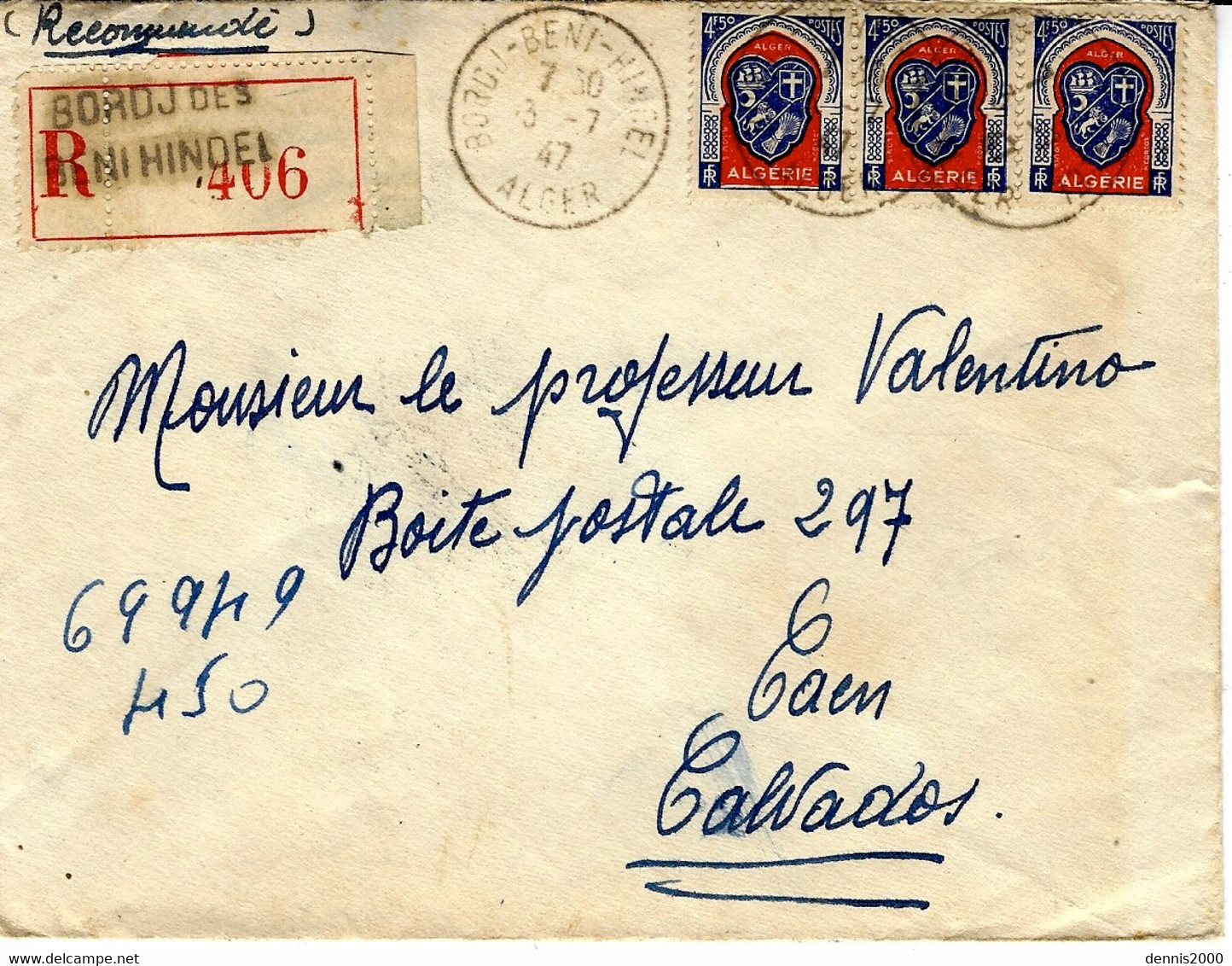 1947- Enveloppe RECC. De BORDJ Des BENI HINDEL / ALGER  Affr.   à 13,50 F - Cartas & Documentos