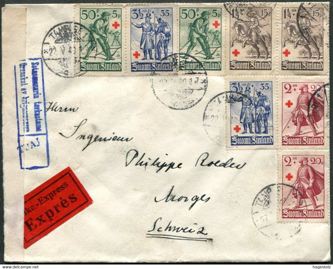 RED CROSS Finland 1940 Tampere Pmk Winter War Censored Express Cover Rotes Kreuz Croix Rouge >Schweiz Suisse Switzerland - Croix-Rouge