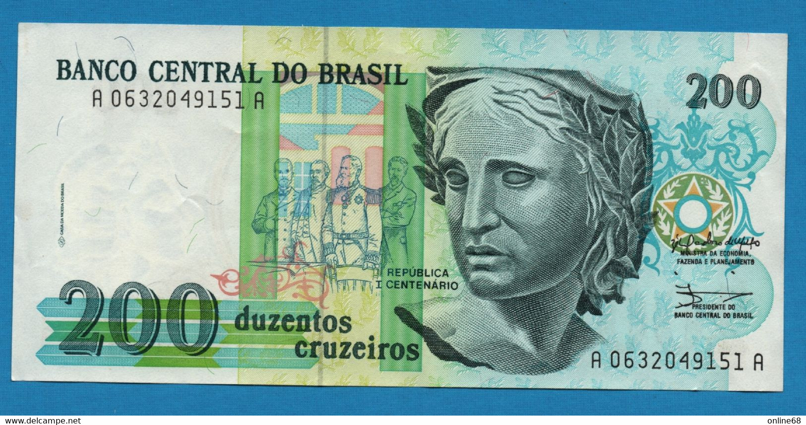 BRASIL  	  200 Cruzeiros  	  ND (1990) # A06320..A  P# 229 - Brazil