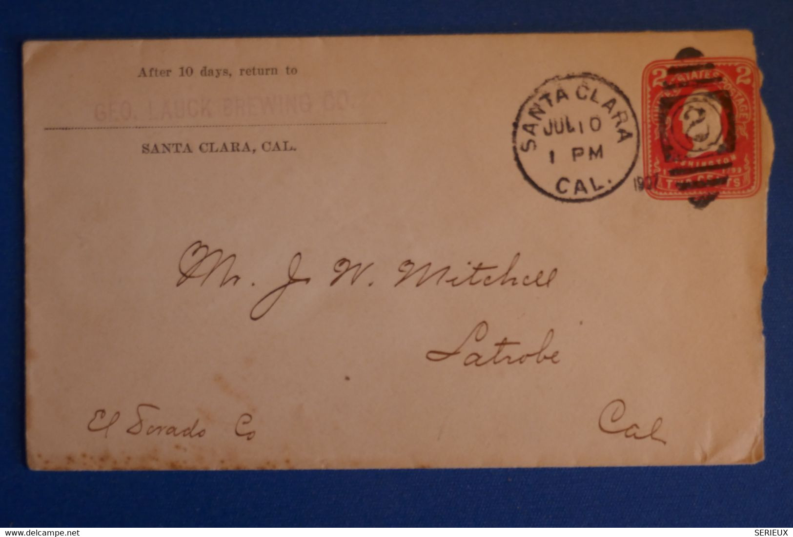 N2 ETATS UNIS BELLE LETTRE 1907 SANTA CLARA POUR LATROBE+ AFFRANCH. INTERESSANT - Brieven En Documenten