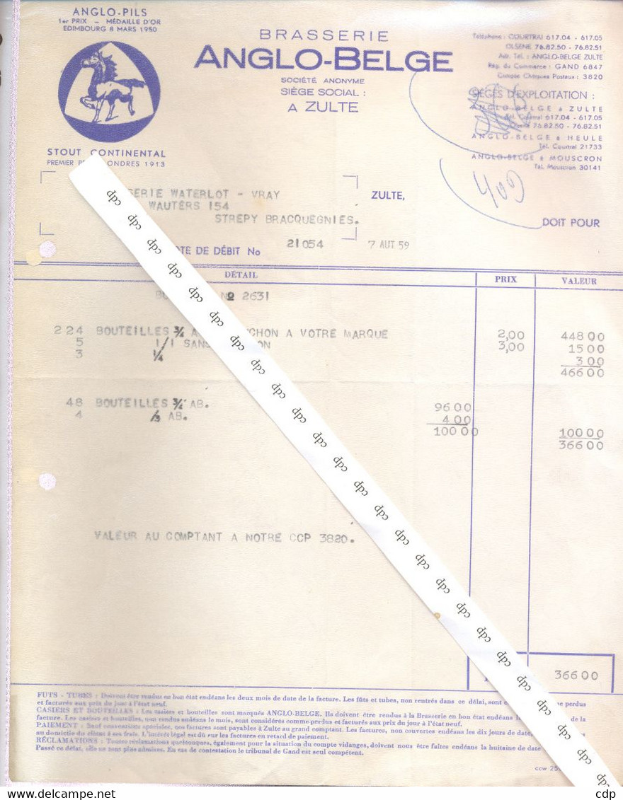 FACTURE BRASSERIE   Zulte  1959 - Alimentaire