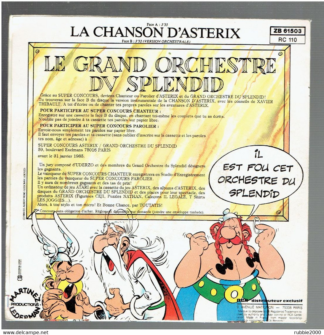 LA CHANSON D ASTERIX 1984 PAR LE GRAND ORCHESTRE DU SPLENDID SUPER CONCOURS EN FACE B UDERZO - Kinderen