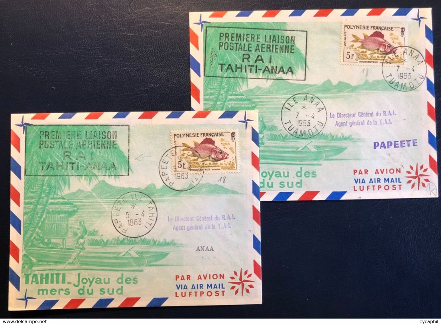 2 Lettres, Polynésie N°18 OBL ILE ANAA Et PAPEETE (1963) + Cachet Rect. PREMIERE LIAISON... RAI TAHITI ANAA, TB - Storia Postale