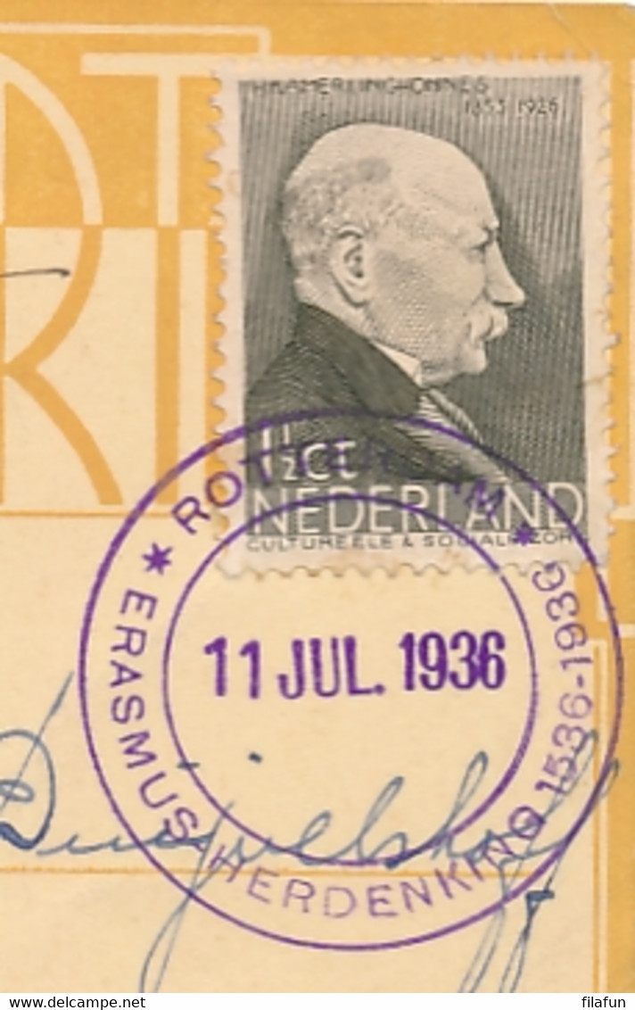 Nederland - 1936 - 1,5 Cent Zomerzegel Kamerlingh Onnes Op Drukwerk Erasmus Herdenking Lokaal Rotterdam - Cartas & Documentos