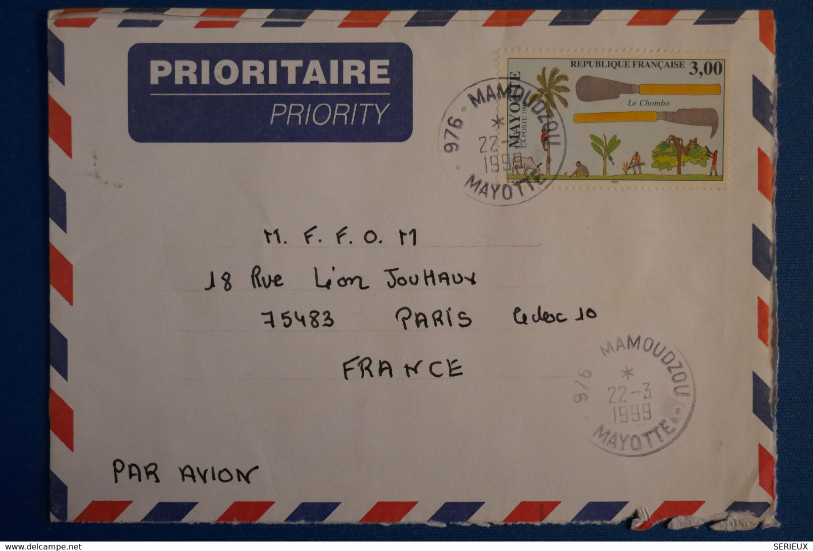 N3 MAYOTTE BELLE LETTRE 1999 MAMOUDZOU POUR PARIS FRANCE+ AFFRANCHISSEMENT INTERESSANT - Covers & Documents