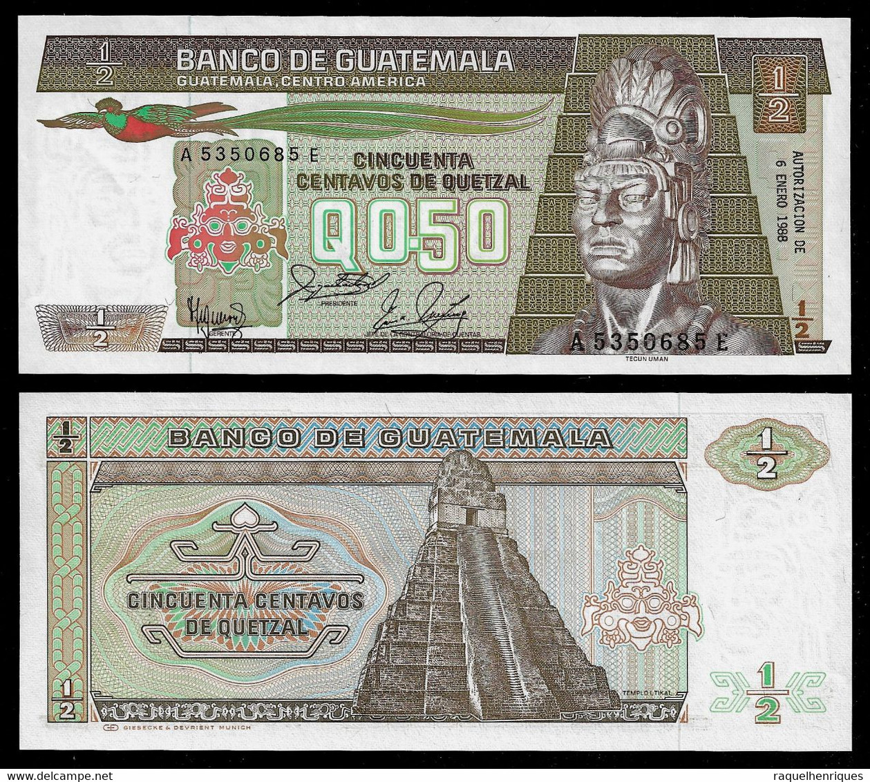GUATEMALA BANKNOTE - 50 CENTAVOS DE QUETZAL 1988 P#65 UNC (NT#03) - Guatemala